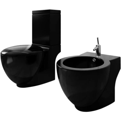 Image of vidaXL Stand Toilet &amp; Bidet Set Black Ceramic