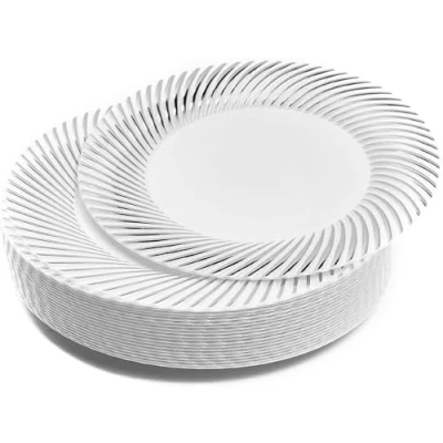 Image of MATANA 20 Premium White Plastic Dessert Plates with Silver Rim, 18cm / 7 Inch Elegant &amp; Reusable Small Side Plates, Starter for Weddings, Birthdays, Picnic, BBQ, Parties