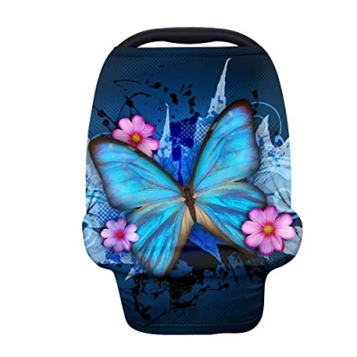 Image of Binienty Baby Car Seat Covers, Infants Stroller Cover Carseat Canopy, Blue Butterfly Print Stretchy Breastfeeding for Moms