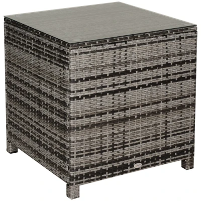 Image of Outsunny Patio PE Rattan Side Table, Square Outdoor Coffee Table w/Tempered Glass Top, Mixed Grey