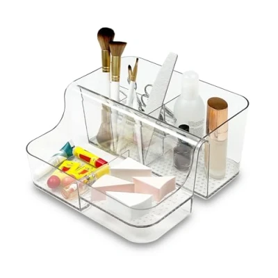 Image of Addis Open 6 Compartment Clear Acrylic Cosmetic Vanity Office Desktop Stationery Easy Display Organiser For Make Up and Jewellery; Home Stationary Desk Storage,