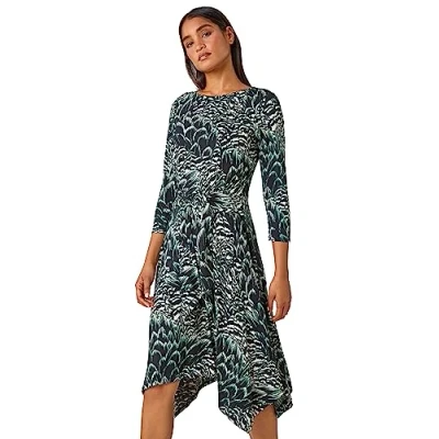 Image of Roman Womens Abstract Print Tie Waist Stretch Dress Black Size 20 UK