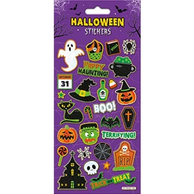 Image of Happy Haunting Sparkly Reusable Halloween Stickers Perfect for Trick or Treater, and Decorating Treat Bags on Non Porous Surfaces
