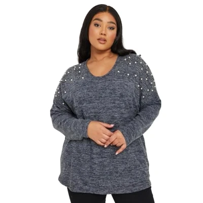 Image of Yours Curve Blue Pearl Embellished Jumper Women&#039;s Plus Size