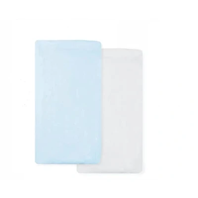 Image of Travel Cot Fitted sheet 95x65 Mattress Sheets 4 Way Stretch Soft Bedsheet Hypoallergenic Elasticated Breathable (Pack of 2, White &amp; Blue)