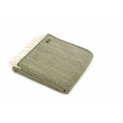 Image of Tweedmill Textiles Herringbone pure new wool blanket throw rug Olive Green BRITISH MADE