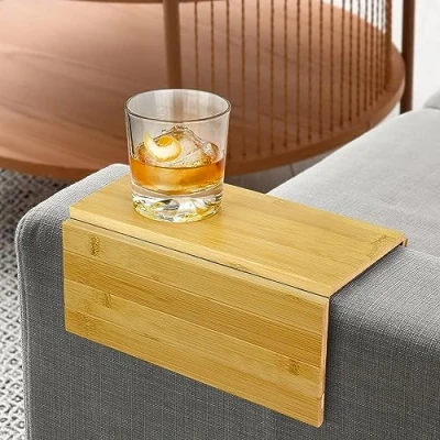 Image of Bamboo Sofa Arm Tray Foldable Wooden Armrest Couch Organiser for Drinks, Bowl, Snack, Magazine, Remote Protector Laptop and Tablet Holder 36cm x 25cm 1cm