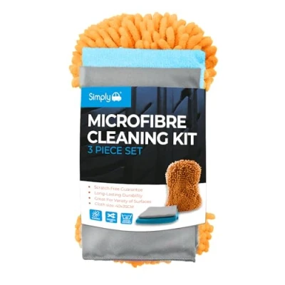 Image of Simply Auto Microfibre Car Wash Cleaning Kit, 1 x Noodle Sponge, 2x Cloths for Washing, Drying, Polishing (Lint and Scratch Free), Orange