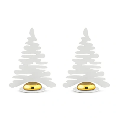 Image of Alessi Barkplace Tree BM16S2 W Set of Two Placecards with The Shape a Christmas Tree, in Colored Steel Epoxy Resin, White Porcelain Magnet