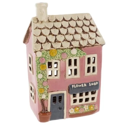 Image of Shudehill Giftware Village Pottery Tealight Holder Ceramic House Shop Collection Flower Shop, Tearoom, Antique Old Bakery and Sweet All Hand Painted (Flower Shop)