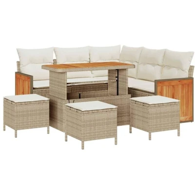 Image of vidaXL 9 Piece Garden Sofa Set with Cushions Beige Poly Rattan Acacia