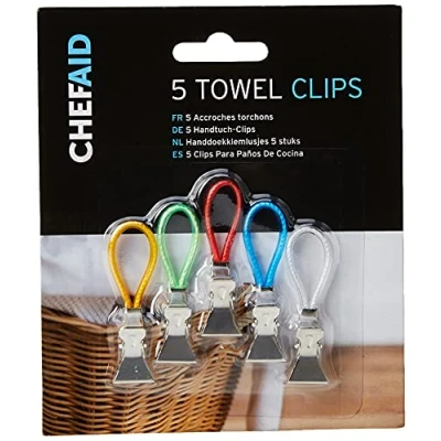 Image of Chef Aid Tea Towel Clips, Metal Clips which are Ideal for Clipping to Towels Make Then Easy Hang or Store, Set of 5 wach with a Different Colour
