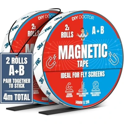 Image of DIY Doctor A+B Magnetic Tape for Fly Screens 4 Metres of Strong Strips Self Adhesive Cut To Fit Sticky Strip 2m + A and B Polarity Thin Magnet