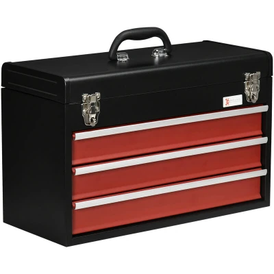 Image of DURHAND 3 Drawer Tool Chest, Lockable Metal Box with Ball Bearing Runners, Portable Toolbox, 510mm x 220mm 320mm, Black