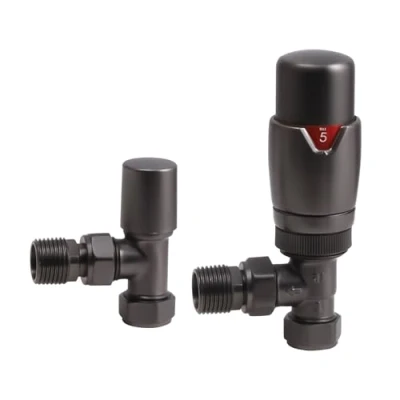 Image of Gunmetal Thermostatic Radiator Valve Angled 15mm x R 1/2&quot; TRV &amp; Lock Shield