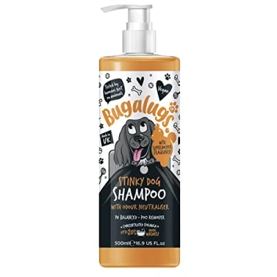 Image of BUGALUGS Stinky dog shampoo with odour neutraliser, fox poo for dogs perfume, vegan grooming sensitive skin amazing puppy pet &amp; conditioner (1x500ml)