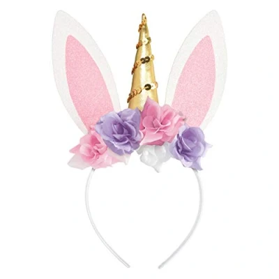 Image of Amscan 8402677 Easter Unicorn Bunny Headband with glitter and Flowers