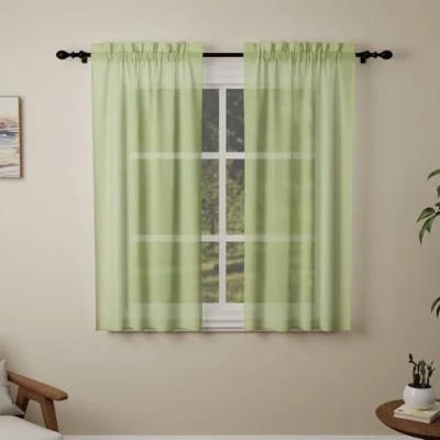 Image of Pacok Green Voile Curtains, 54 Drop 2 Panels Net Curtain for Windows, Rod Pocket Sheer Panel Curtains Living Room Kitcken Bedroom W56xL54 Inch(Green, 142 x 137cm)