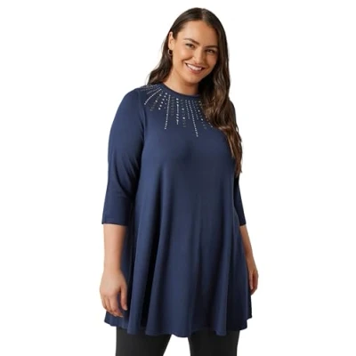 Image of EVANS Curve Navy Sequin Embellished Longline Top Women&#039;s Plus Size