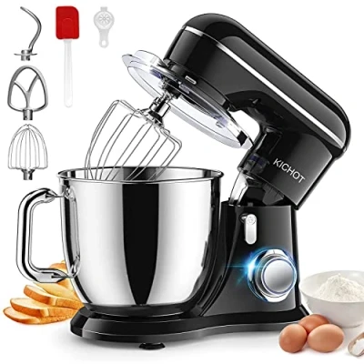 Image of KICHOT Food Mixer, 10+P Speed 1300W Tilt Head Stand Mixer for Baking, Electric Dough with Hook, Whisk, Beater, 4.5L Bowl Handle, Splash Guard Dishwasher Safe (Black)