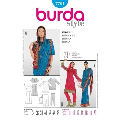 Image of Burda Ladies Sewing Pattern 7701 Indian Style Sari Sizes: 8 20 by