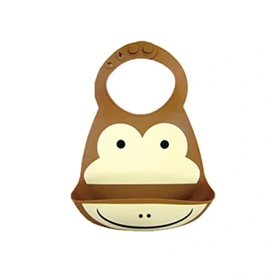 Image of Waterproof Baby Silicone Bibs, Treer Soft Adjustable Roll up Feeding Bibs Drool Wipe Clean with Food Catcher Pocket for Infants Toddlers (30x23cm,Brown Monkey)