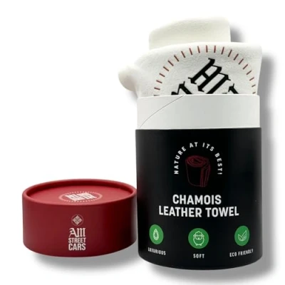 Image of AM Street Cars Premium Grade Chamois Leather car drying towel, the ideal shammy for glass, mirrors, chrome inside and out, super soft highly absorbent cloth, from UK
