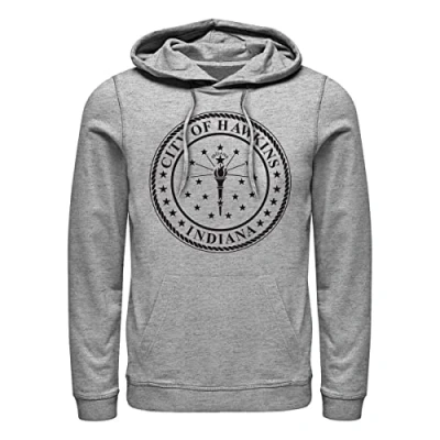 Image of Stranger Things Hawkins City Seal Hoodie Hooded Sweatshirt, Heather Grey, M
