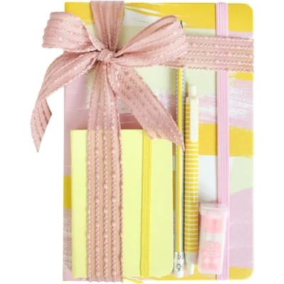 Image of Emartbuy Cool Stationery Unique Gift Set with A5 and A7 Notebook Journal Gel Pen Pencil Eraser in Ribbon Pink/Yellow