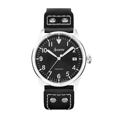 Image of Accurist Mens Aviation 41mm Quartz Watch in Black with Analogue Display, and Leather Strap 76004