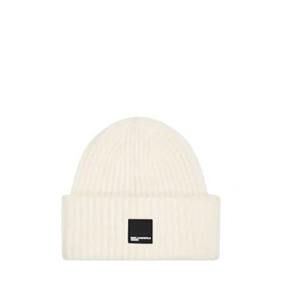 Image of KARL LAGERFELD JEANS, Womens, Box Logo Beanie, White, ONE Size