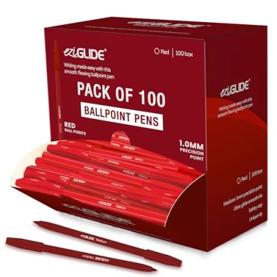 Image of Eziglide Ballpoint Red Pen, Pack of 100 Pens, Smooth Writing Action Medium Point 1.0mm Coloured Pens Multipack Ball Ideal for School, Home or Work Stationery Supplies