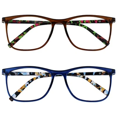 Image of OPULIZE Arc Reading Glasses 2 Pack Stylish Slim Square Frame Spring Hinges Scratch Resistant Brown Blue Patterned Arms Mens Womens RR66 23 +1.00