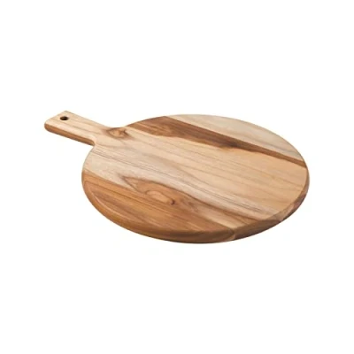 Image of Tramontina Premium Teak Wood Serving Board Pizza Plate Chopping with Mineral Oil Finish 30cm Diameter Ergonomic Handle