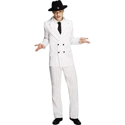 Image of Smiffys Fever Gangster Costume, White Jacket, Trousers and Tie, Male Fancy Dress, 1920s Dress Up Costumes