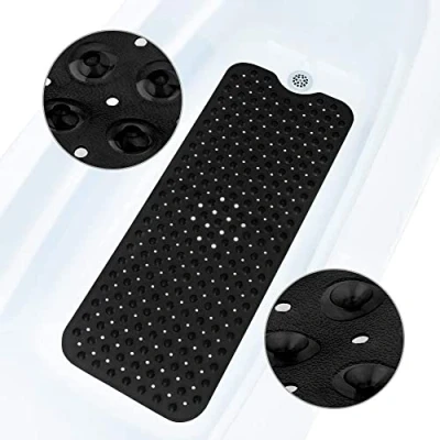 Image of ADOV Bath Mat Non Slip, Anti Bacterial Bathtub Shower Safety Mould Mats, 200 Strong Suction Cups and Drain Holes, 100 x 40 cm Extra Long Mildew Resistant Machine Washable Bathroom Kids Black