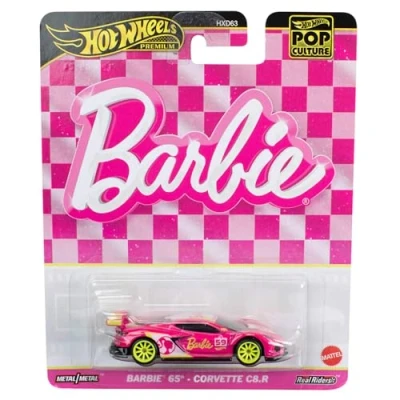 Image of Hot Wheels Barbie 65th Anniversary Die Cast Car Model Corvette C8 R 1:64 Scale Length 2.75&quot; Pop Culture HVJ51