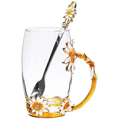 Image of YBK Tech Creative Flower Glass Mug Crystal Tea Cup for Sister, Mom, Grandma, Teachers Gold Chrysanthemum, Without Gift Box (Big (350ml))