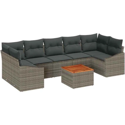 Image of vidaXL 8 Piece Garden Sofa Set with Cushions Grey Poly Rattan Acacia