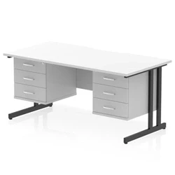 Image of Impulse 1600 x 800mm Scalloped Edge Straight Office Desk White Top Black Cantilever Leg Workstation 2 3 Drawer Fixed Pedestal