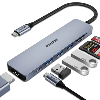 Image of BENFEI USB C HUB 7in1, Multiport Adapter with to HDMI, SD/TF Card Reader/3*USB 3.0/60W Power Delivery, Compatible MacBook Pro 2022/2021/2020/2019, Surface Book More