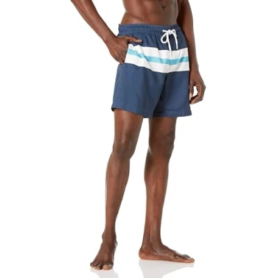 Image of Amazon Essentials Men&#039;s 7&quot; Quick Dry Swimming Trunks, Navy White Stripes, S