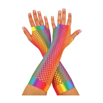 Image of HENBRANDT Rainbow Long Fingerless Fishnet Gloves Fancy Dress LGBTQ+ Pride Accessories Mid Length Stretchy Mesh Neon 80s 90s for Women