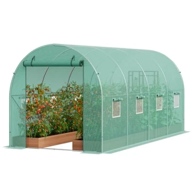 Image of VEVOR Walk in Tunnel Greenhouse, 14.6x6.4x6.3 ft Hoop House Greenhouse Tunnel, Plant Hot with Galvanized Steel Frame, Green PE Cover, Roll up Zipper Door and 8 Windows for Outdoor
