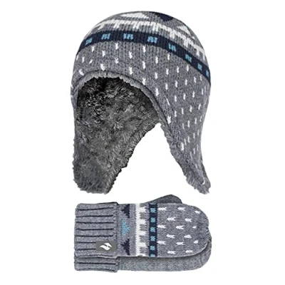 Image of HEAT HOLDERS Boys Outdoor Faux Fur Pom Hat with Ear Flaps &amp; Mittens Gloves (3 6 Years, Pebble Melange)