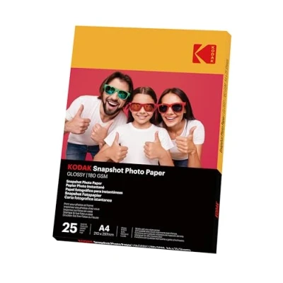 Image of KODAK Instant Photo Papers Pack of 25 Sheets Paper Format 21 x 29.7 cm (A4) Glossy Finish 180 GSM Compatible with Inkjet Printers