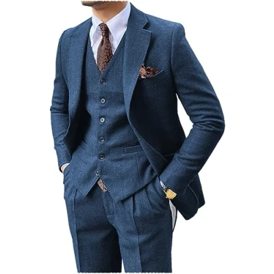 Image of Mens Suit 3 Pieces Formal Tweed Herringbone Slim Fit Prom Tuxedos Groomsmen(L,Blue)