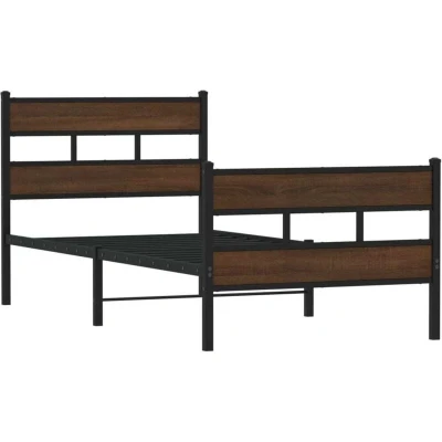 Image of vidaXL Single Bed Frame with Headboard and Footboard 100x190 cm Brown Oak Steel &amp; Engineered Wood Mattress Not Included Extra Storage Space