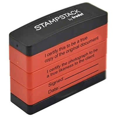 Image of Certified Copy &amp; True Likeness Trodat Stampstack 3 Stamp Texts in 1 Compact and Space Saving Ideal Size for Signatures Great Certifying Documents, Red with Black