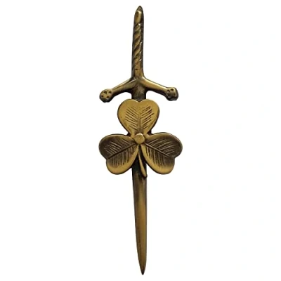 Image of Scottish Thistle Kilt Pin Solid Steel with Brass Antique Finish 4&quot; Highland Pins &amp; Brooches Celtic Knot, Brooches, Swirl Knot Sword Needle Chrome 10cm (Shamrock Pin)